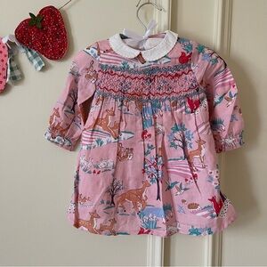 Mini Boden Holiday Winter Woodland scene smocked baby dress size 3-6 months
